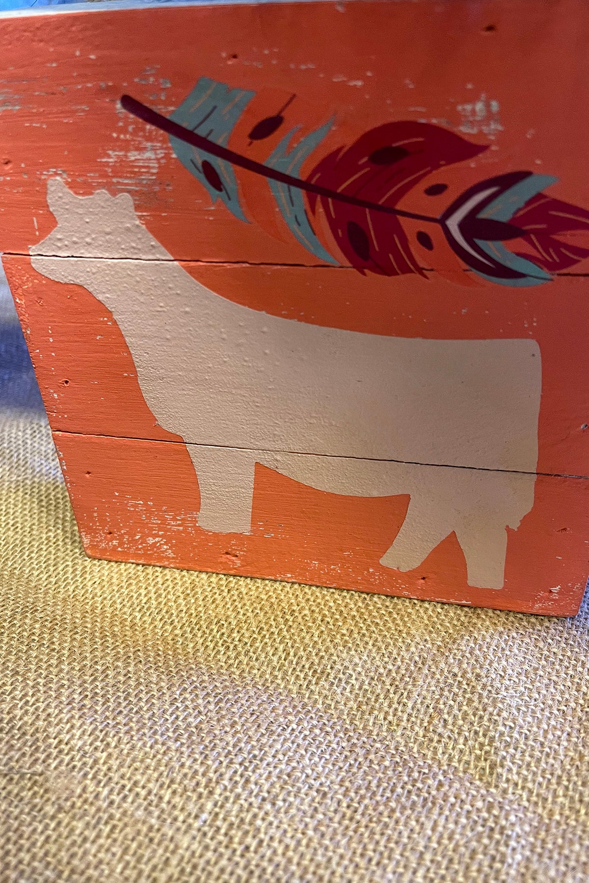 Small Wood Sign with Heifer and Feather