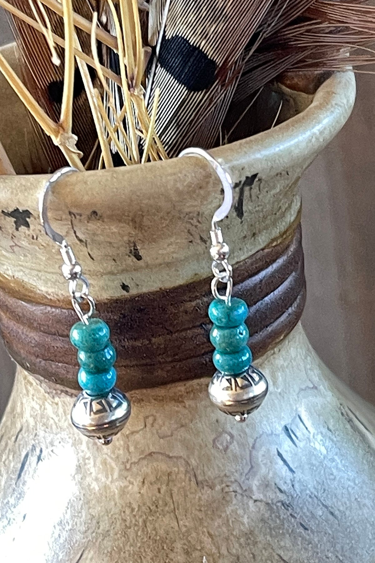 Turquoise Earring with Stamped Navajo Pearls