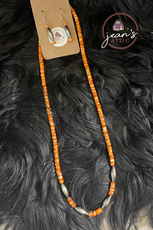 Spiny Oyster with Navajo Torpedo Pearl Necklace and Earring Set