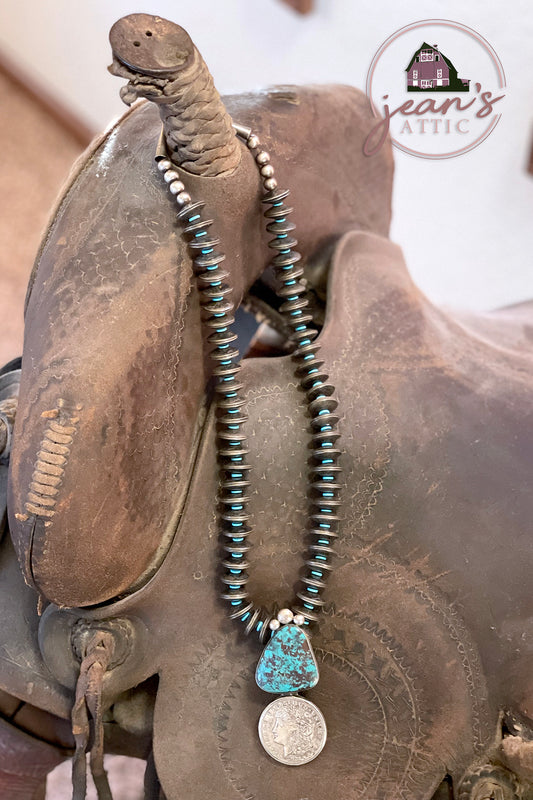 Old Pawn Style Navajo Coin Necklace w Turquoise Pendant