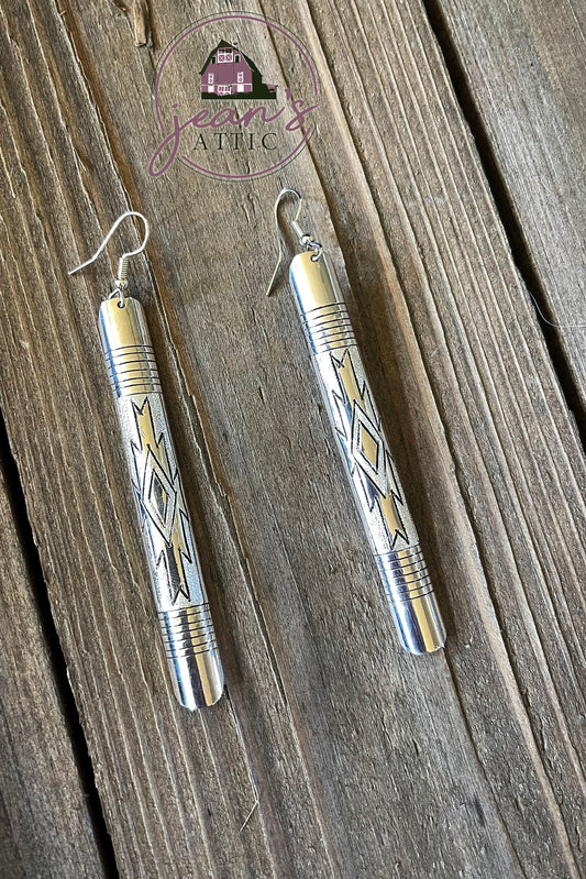 Navajo Sterling Silver Etched Long Earring