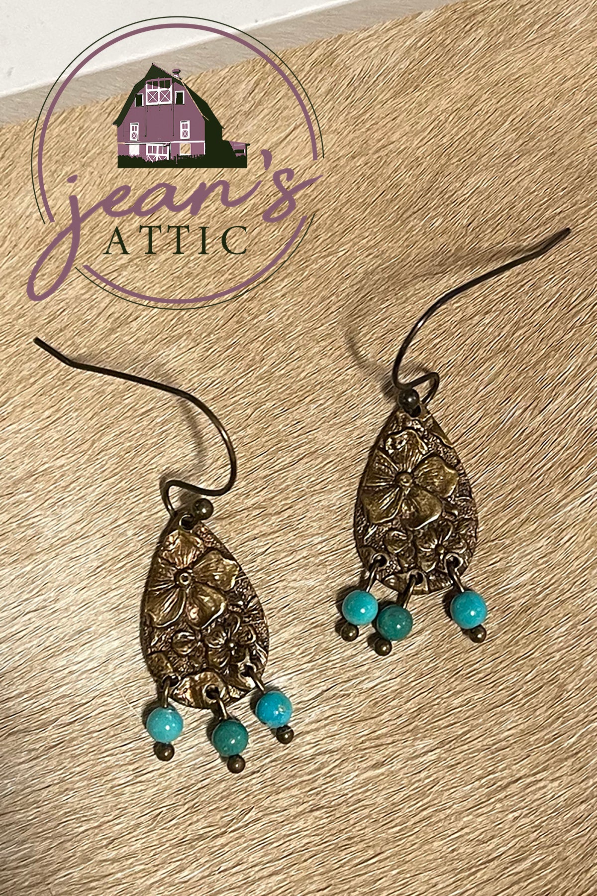 Antique Brass Stamped Earring with Sleeping Beauty Turquoise