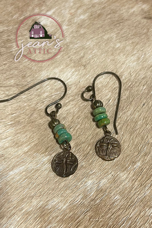 Antique Brass with Green Heishi Turquoise Earring