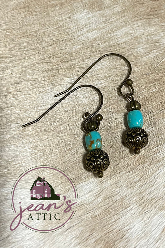 Antique Brass with Turquoise Barrel Bead Earring