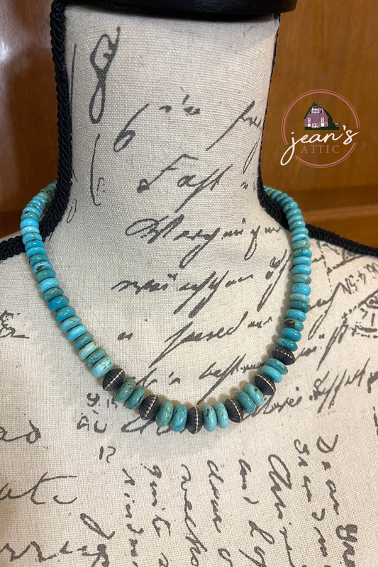 18" Graduated Rondelle Turquoise with Navajo Saucer Corrugated Pearl